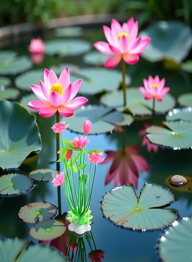 Qintreesify Pink Artificial Water Plants, Aquatics Grass Flower Simulation Wedding Favors Plastic Artificial Lotus Fish Tank Ornament Aquarium Décor Plastic Plants for Party Fish and Aquatic Pets - Image 5
